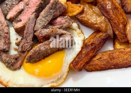 Gegrilltes Rindersteak, gepaart mit knusprigen Kartoffelscheiben und Spiegelei in appetitlicher Nahzusammensetzung. Stockfoto