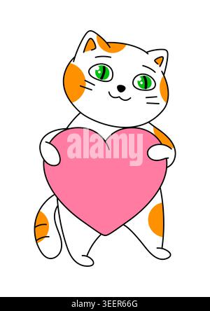 Die verliebte Katze hält das Herz. Cartoon-Illustration eines niedlichen Kätzchens. Stock Vektor