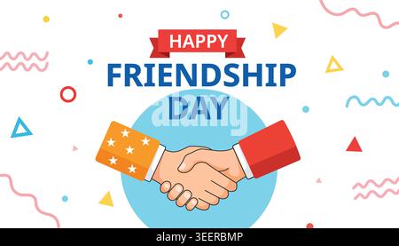 Happy Friendship Day Feier Bundle mit schüttelnden Händen und bunten Konfetti für festliche Grußkarten Vektor Designs Stock Vektor