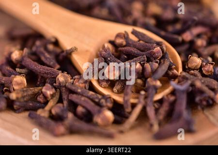 Gewürznelken in einem Holzlöffel auf einem Teller. Aromatisches Würzen. Nahaufnahme. Stockfoto