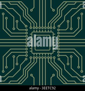 Nahtloses Mikrochip-Schaltungsmuster mit weichen goldenen Linien auf dunkelgrünem Hintergrund Stockfoto