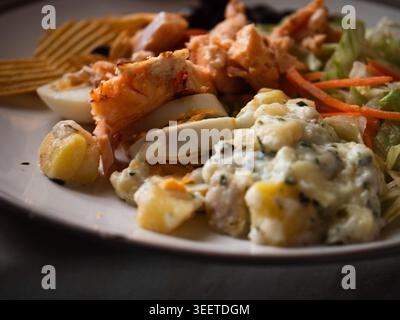 Lachs-Kartoffelsalat auf einem Teller Stockfoto