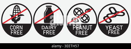 Allergenfreies Lebensmitteletikett-Set: Mais-, Milchprodukte-, Erdnuss- und Hefefreies Icons Bundle - Vector Sign Collection for Dietary Restrictions, Food Packaging Desi Stock Vektor