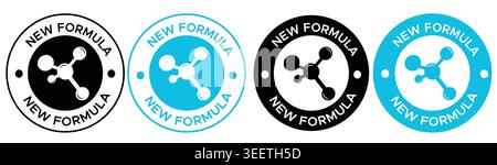 Produktetiketten der neuen Formel: Professionelles Molekularsymbol-Set in Blau, Schwarz und weiß - Kreisförmige Qualitätsgarantie-Abzeichen für Kosmetik, Nahrungsergänzungsmittel, Stock Vektor