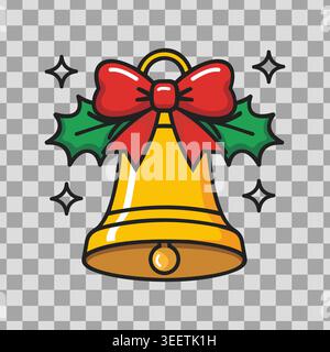 Goldene Weihnachtsglocke mit roter Schleife, stechpalmenblättern und glitzerndem Glanz auf transparentem Hintergrund. Stock Vektor