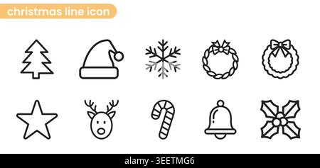 Set mit zehn Weihnachtslinien-Ikonen mit Baum, Weihnachtsmütze, Schneeflocke, Kränzen, Stern, Rentier, Zuckerrohr, Glocke und holly. Stock Vektor