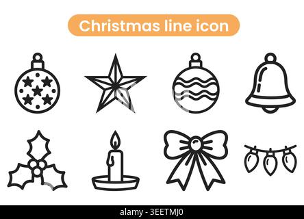 Set mit Weihnachtsdekorationslinien-Ikonen mit Kugeln, Stern, Glocke, stechpalmenblättern, Kerze, Bug und Lichterketten. Stock Vektor