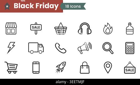 E-Commerce- und Einzelhandelssymbole mit Shop, Verkaufsschild, Korb, Kopfhörern, LKW, Megaphon-, Raketen- und Warenkorbsymbole. Stock Vektor