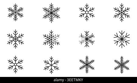 Set aus zwölf umrissenen Schneeflocken-Vektorsymbolen in verschiedenen geometrischen und Kristalldesigns für Winter- und Weihnachtsdekoration. Stock Vektor
