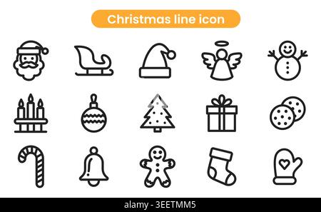 Set mit 15 Weihnachtslinien-Ikonen mit Weihnachtsmann, Schlitten, Engel, Schneemann, Kerzen, Baum, Geschenk, Kekse, Glocke und Strumpf. Stock Vektor