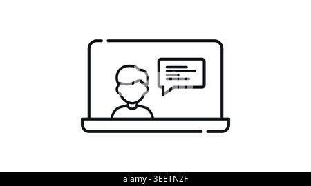 Laptop-Videoanruf und virtuelles Meeting Symbol: Tragbarer Computer mit Benutzeravatar und Sprechblase auf dem Bildschirm, minimalistisches Black Line Art Vektor Illustrat Stock Vektor