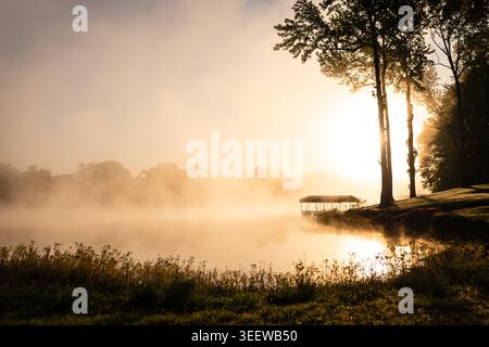 Nebliger Sonnenaufgang Über Lake Barkley Shore Stockfoto