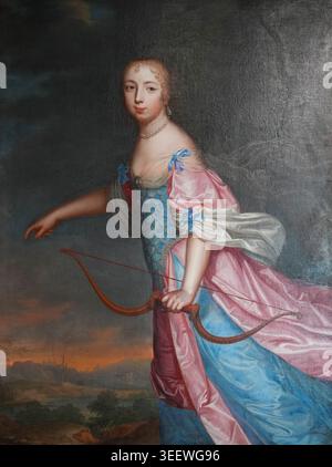 Ein allegorisches französisches Ölgemälde aus dem 17. Jahrhundert zeigt Mademoiselle de Blois, Marie-Anne de Bourbon, die als Jagdgöttin Diana in Château de posierte Stockfoto