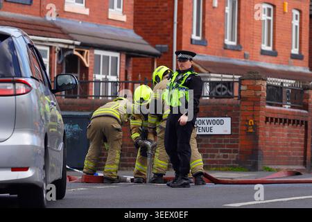 Ein Polizist, der den Verkehr von einem Brand im ehemaligen Festival Foods Lagerhaus in Osmondthorpe, Leeds, West Yorkshire, Großbritannien ablenkt Stockfoto