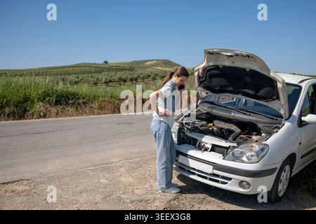 Frau, die neben einem kaputten Fahrzeug steht und bei geöffneter Motorhaube einen Anruf für Pannenhilfe auf einer Landstraße tätigt Stockfoto