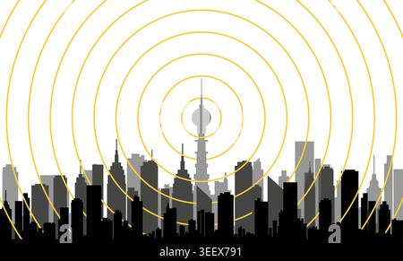 Funkwellen-tv-Senderturm. Funktelefon Skyline-Hintergrundantenne Kommunikationsübertragung für City-Funksignal Stock Vektor