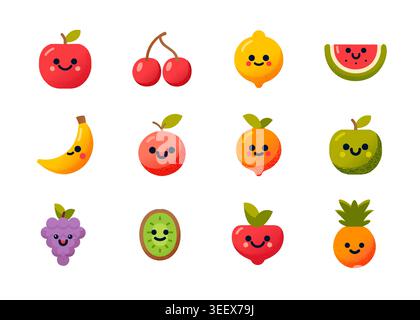 Kawaii Fruchtfiguren süße Zeichentrickfiguren. Frische gesunde tropische Beeren Zitrusapfel Banane Ananas Wassermelone verspieltes Kinderdesign Stock Vektor