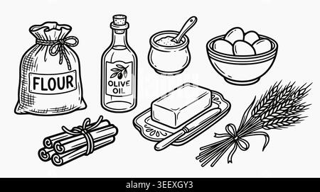 Schwarz-weiße handgezeichnete Vektorsatz von Back- und Kochzutaten einschließlich Mehl, Olivenöl, Eier, Butter, Zimtstangen, und Weizen. Stock Vektor