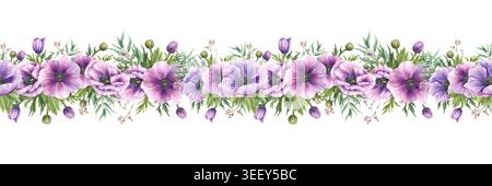 Anemonen Blüten mit violetten und rosa Knospen und grünen Blättern mit Eukalyptuszweigen nahtlose Aquarellrandung. Blumenabbildung, horizontal Stockfoto
