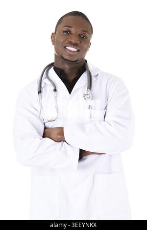 Hübscher afroamerikanischer Arzt, auf weiß geklebt Stockfoto