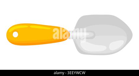 Flache Design-Illustration einer kleinen Metall-Gartenkelle Schaufel mit einem hellorangefarbenen Griff, isoliert auf weißem Hintergrund, Gartenarbeit, Landwirtschaft und Landsc Stock Vektor