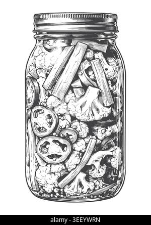 Eine komplizierte Strichgrafik-Illustration eines Gefäßes, gefüllt mit gemischtem eingelegtem Gemüse wie Blumenkohl und Karotten. Toll für die Speisekarte vom Bauernhof bis zum Tisch Stock Vektor