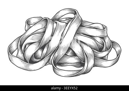 Eine komplizierte monochrome Illustration von losen Bandnudeln wie Pappardelle oder Fettuccin. Ideal für handwerkliche Nudelhersteller und Food Branding. Stock Vektor