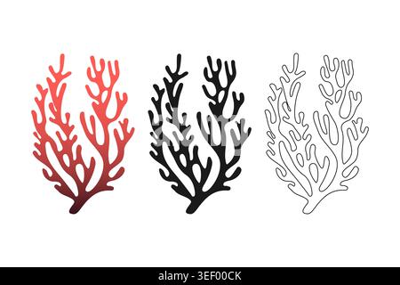 Silhouetten aus Korallenzweigen in rotem Schwarz und linearen Stilen für Marine-Design und Sommerbranding. Vektorabbildung Stock Vektor