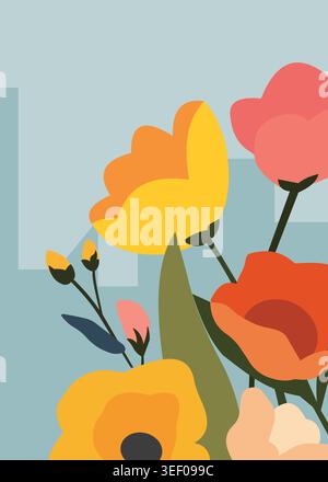 Moderne flache Vektor-Illustration mit bunten abstrakten Blumen, botanischen Elementen und dekorativen Blumengartenkomposition. Stock Vektor