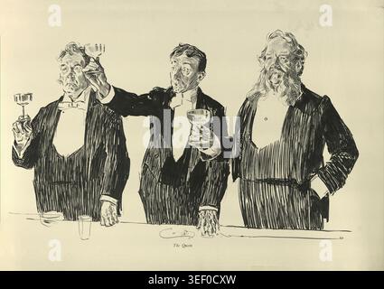 Männer im Abendanzug, die ihr Glas hochheben, ein Toast auf die Königin, Sketches aus dem viktorianischen London, Charles Dana Gibson, Kunst des 19. Jahrhunderts aus den 1890er Jahren Stockfoto