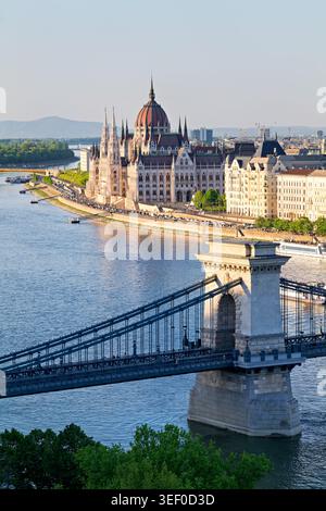 Ein Blick aus der Luft auf Budapest. Das Parlamentsgebäude steht in der Nähe der Donau. Die Brücken verbinden die Stadt. Stockfoto