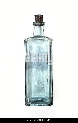Antike quadratische, klare, blau-grüne Glasflasche mit Schultern und Korkstopfen Stockfoto