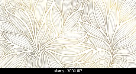 Luxuriöses Art déco-Blumenmuster mit eleganten goldenen Blättern und fließenden Wellenelementen im Hintergrund. Vektor-Illustration Japanisches Ornament mit tropischen Stock Vektor