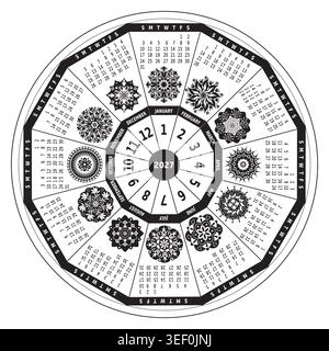 Kalender 2027 mit Mandalas in Schwarz-weiß-Farben - 12 Monate Rad - Vektor-Design Stock Vektor