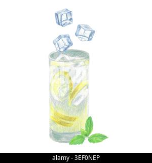 Handgezeichnete Illustration mit einem Glas Limonade, drei Eiswürfeln und grünen Minzblättern. Glas Limonade auf weißem Hintergrund für grafisches Design. Stockfoto