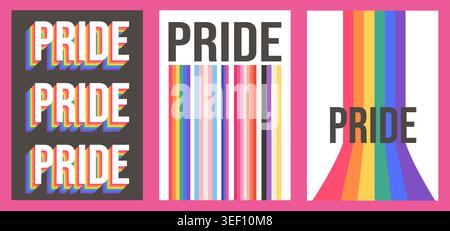 Neo-moderne Pride-Poster mit Typografie der 70er Jahre und LGBTQIA-Flaggen. LGBTQ Galerie Wandkunst, geometrische vertikale Retro-Banner für Inclusive queer Stock Vektor