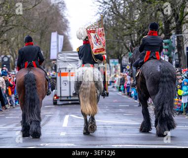 Rosenmontagszug in Düsseldorf, Pferdegruppe beim Strassenkarneval, bei teils starkem Regen, NRW, Deutschland Stockfoto