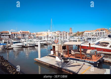 Cabo San Lucas, Mexiko, Oktober 4,2025: Ein Weitwinkelblick auf Luxusyachten am Yachthafen Cabo San Lucas mit den berühmten Küstenbergen in der Stockfoto