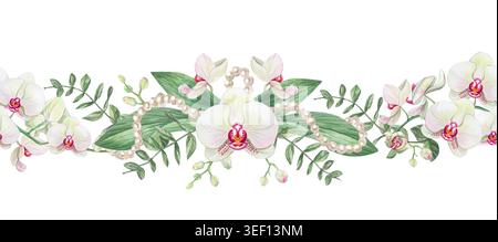 Weiße Orchideenblüten und Perlengirlande in wunderschönen Aquarellen, nahtloser horizontaler Rand. Handgezeichnete tropische Blütenpflanze für Blumenmotive. Stockfoto