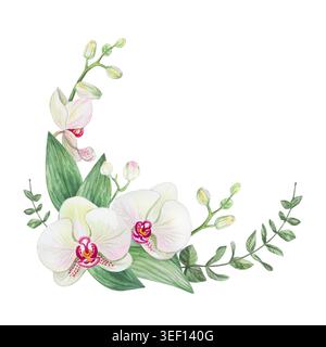 Botanische Eckanordnung in Aquarellen mit eleganten weißen Orchideen und frischem Grün. Handgezeichnete Kunst isoliert auf weiß. Hochwertiges Blumendesign für Stockfoto
