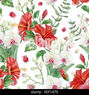 Nahtloses Aquarellmuster mit roten Hibiskusblüten, weißen Orchideen und grünen Blättern auf weißem Hintergrund. Botanisches Design, realistisch detailliert Abb. Stockfoto