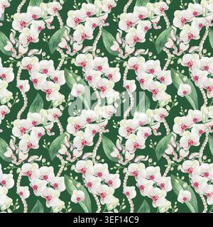 Nahtloses Aquarellmuster mit weißen Orchideen, Perlengirlanden und grünen Blättern auf dunkelgrünem Hintergrund. Botanisches Design, realistische Detailbeleuchtung Stockfoto