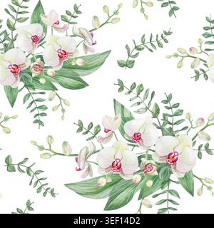 Nahtloses Aquarellmuster mit weißen phalaenopsis-Orchideen, Knospen und zarten Eukalyptuszweigen. Handgezeichnetes botanisches Design isoliert auf weiß. Stockfoto