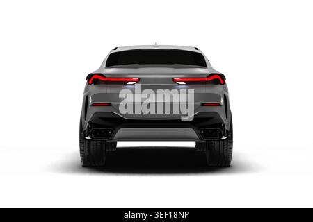 Isoliertes 3D-Rendering eines weißen modernen Coupé-SUV in voller Rückansicht auf weißem Hintergrund. Stockfoto