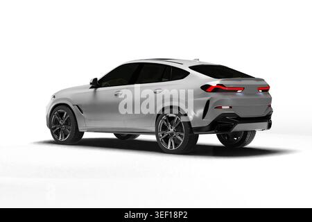 Isoliertes 3D-Rendering eines weißen modernen Coupé-SUV aus einem leichten linken Hinterwinkel auf weißem Hintergrund. Stockfoto