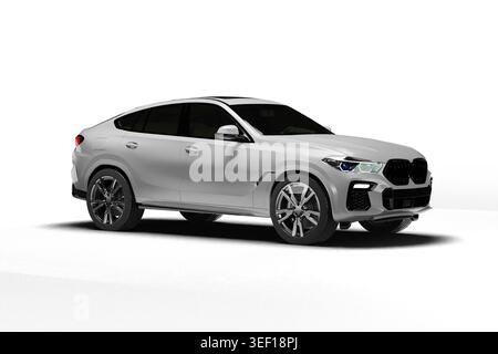 Isoliertes 3D-Rendering eines weißen modernen Coupé-SUV aus einem leichten linken Hinterwinkel auf weißem Hintergrund. Stockfoto