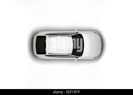 Isoliertes 3D-Rendering eines weißen modernen Coupé-SUV aus voller 90-Grad-Ansicht von oben nach unten auf weißem Hintergrund. Stockfoto