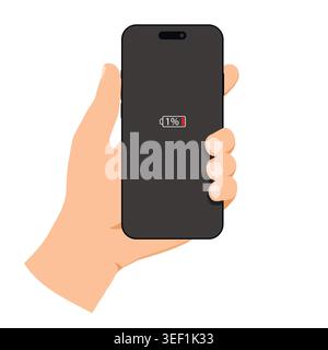 Smartphone in Handhaltung mit 1 Prozent Akkuladung auf dem Bildschirm. Vektorabbildung. Stock Vektor