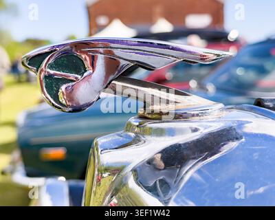Nahaufnahme einer verchromten Wolseley-Kapuze an einem Oldtimer auf einer britischen Oldtimer-Show in Großbritannien Stockfoto