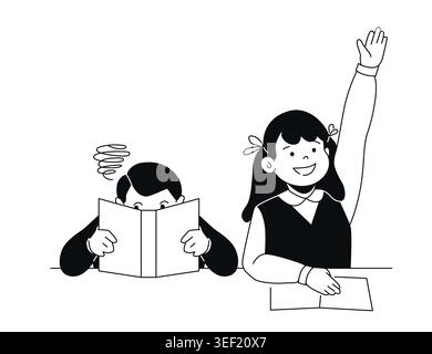 Kinder, die in der Schule studieren - Schwarz-weiß-Flachbild-Illustration Stock Vektor